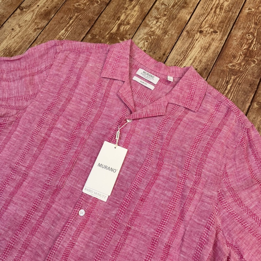 Murano Baird McNutt Shirt Mens Large Pink Striped Linen Slim Fit Camp Collar NWT